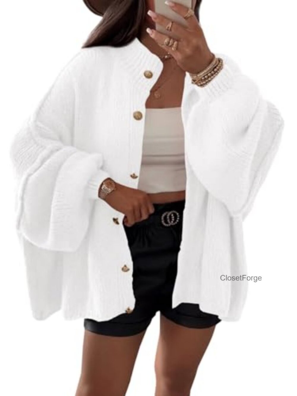 Oversized Lantern Sleeve Button Down Chunky Knit Cardigan Sweater Coat